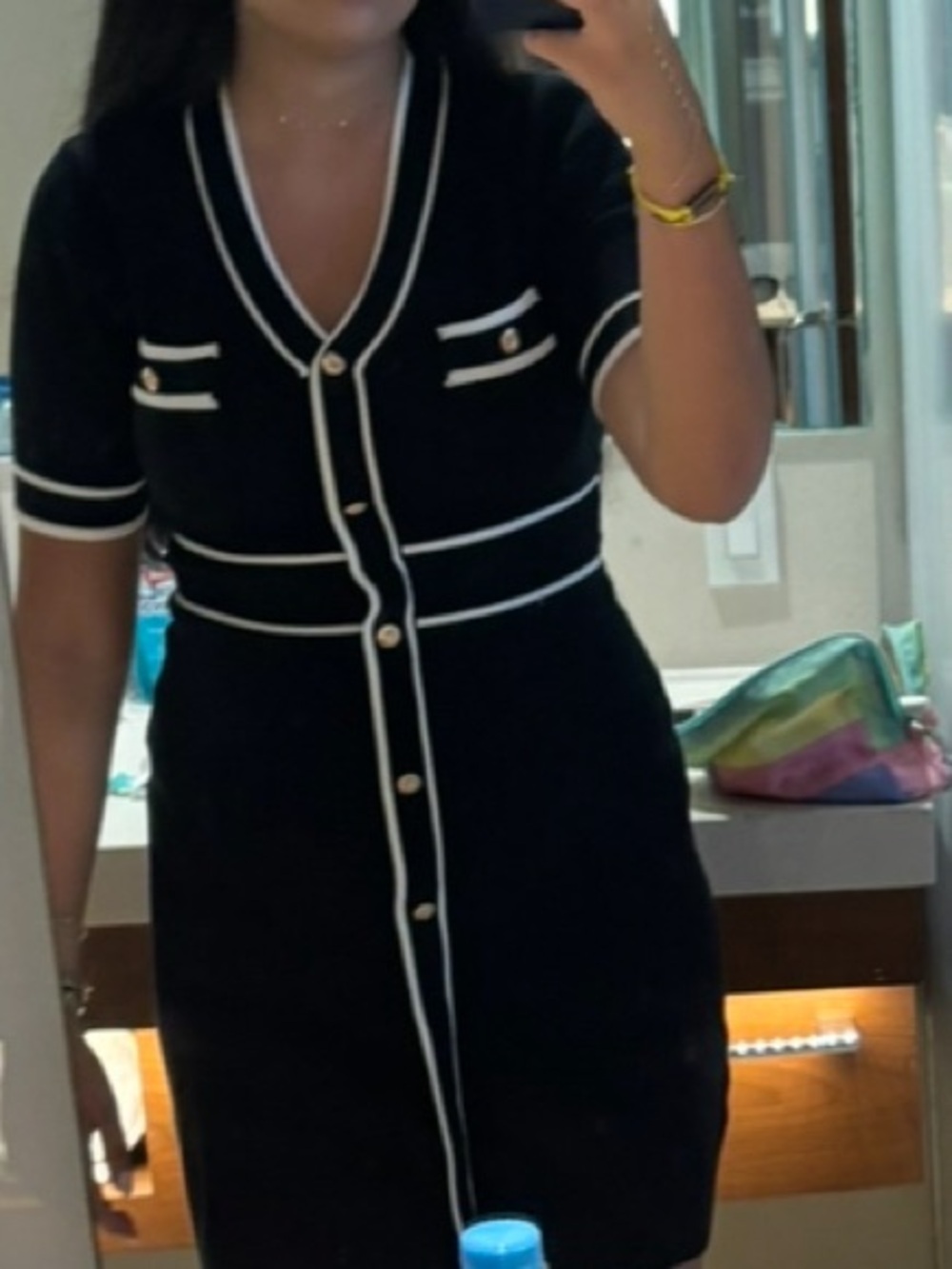 Classic Chanel Inspired Black Knit Button-Front Dress with White Piping